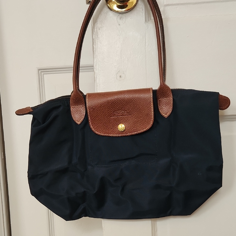 Longchamp Les Pliages Navy Nylon Shoulder Tote with Brown Trim